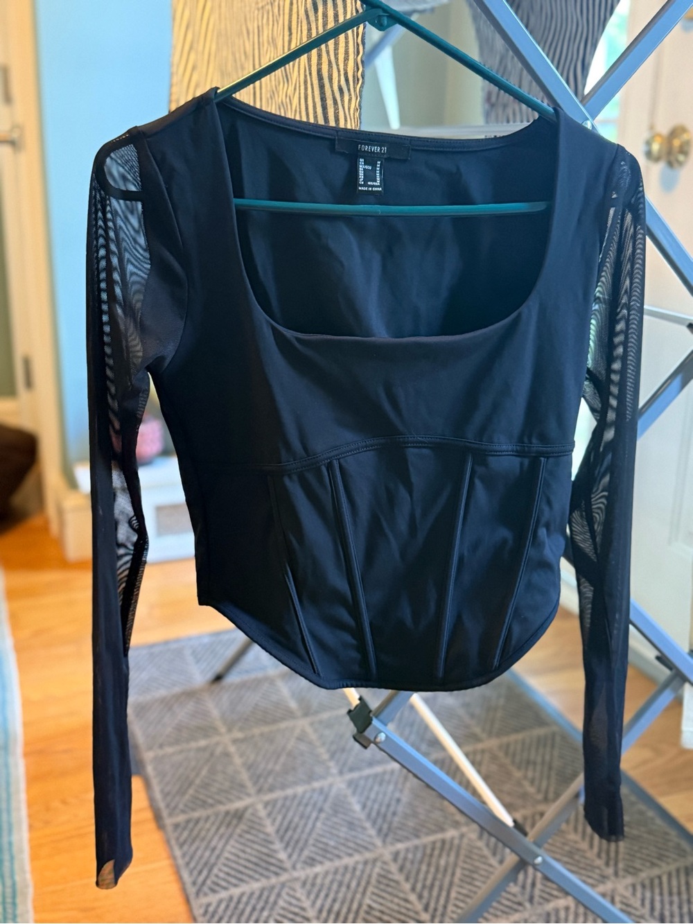Forever 21 Black Long-Sleeve Mesh Corset-Style Crop Top